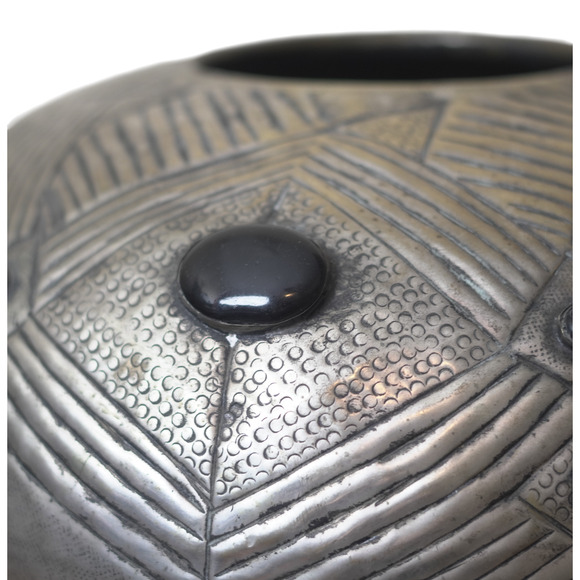 Vintage Brass Silver‑Plated Etched Vase 14” Black Cabochons Mid-Century India - Picture 10 of 14